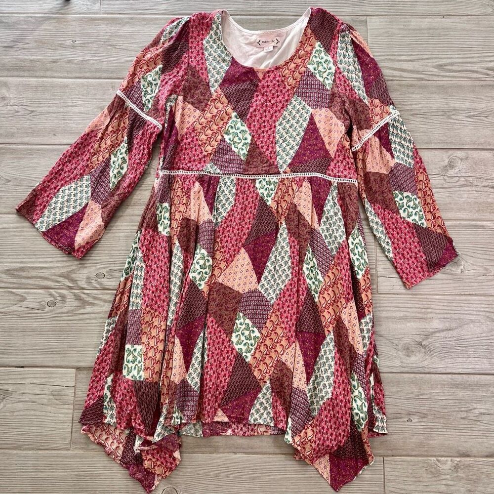Nanette Lepore Womens Multicolor Patchwork Long Sleeve Boho Dress Size 10 - Picture 1 of 8